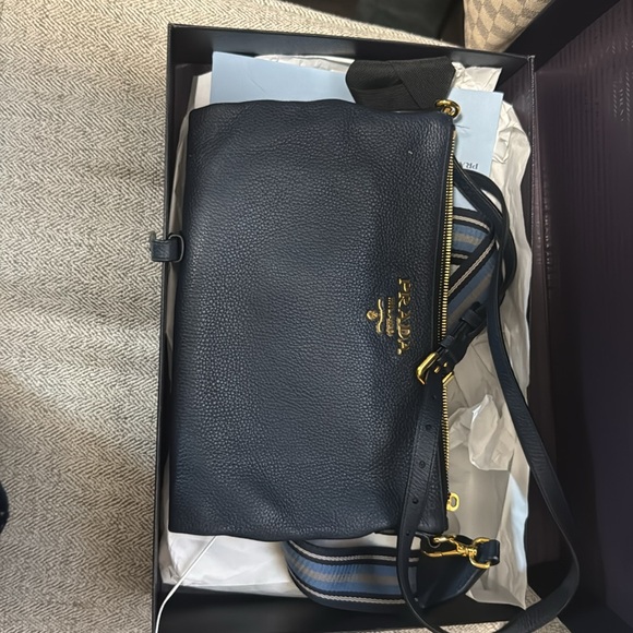 Prada Baltico Blue Vitello Phenix Double Zip Leather Crossbody,Color: Blue/Gold. - Picture 7 of 8